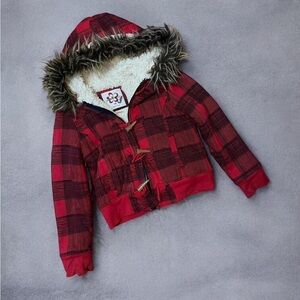Limited Too Red Plaid Jacket with Faux Fur Lining